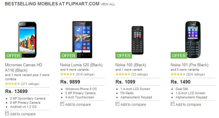 Nokialla on kolme halpapuhelinta Intian myydyimpien listalla verkkokauppa Flipkartissa.